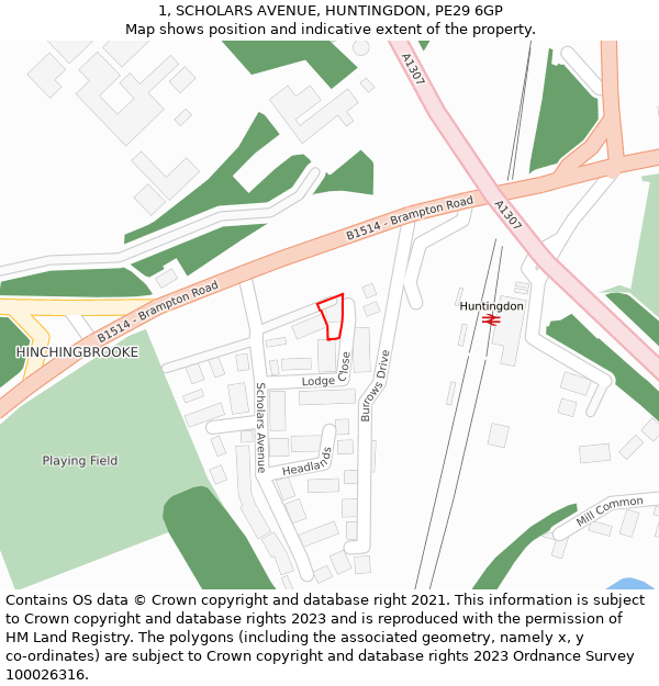 1, SCHOLARS AVENUE, HUNTINGDON, PE29 6GP: Location map and indicative extent of plot