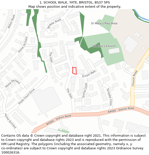 1, SCHOOL WALK, YATE, BRISTOL, BS37 5PS: Location map and indicative extent of plot