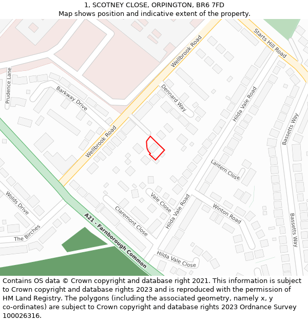 1, SCOTNEY CLOSE, ORPINGTON, BR6 7FD: Location map and indicative extent of plot