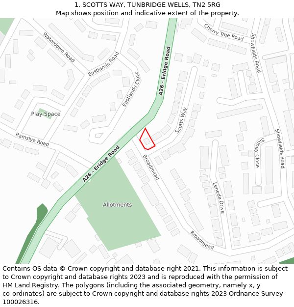 1, SCOTTS WAY, TUNBRIDGE WELLS, TN2 5RG: Location map and indicative extent of plot