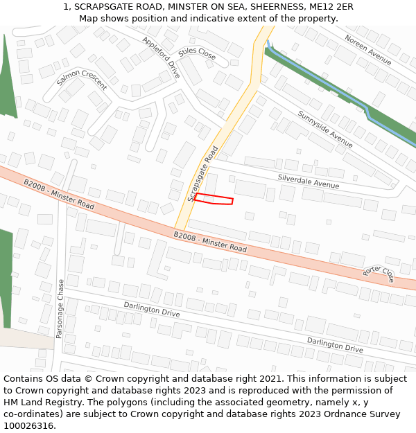 1, SCRAPSGATE ROAD, MINSTER ON SEA, SHEERNESS, ME12 2ER: Location map and indicative extent of plot