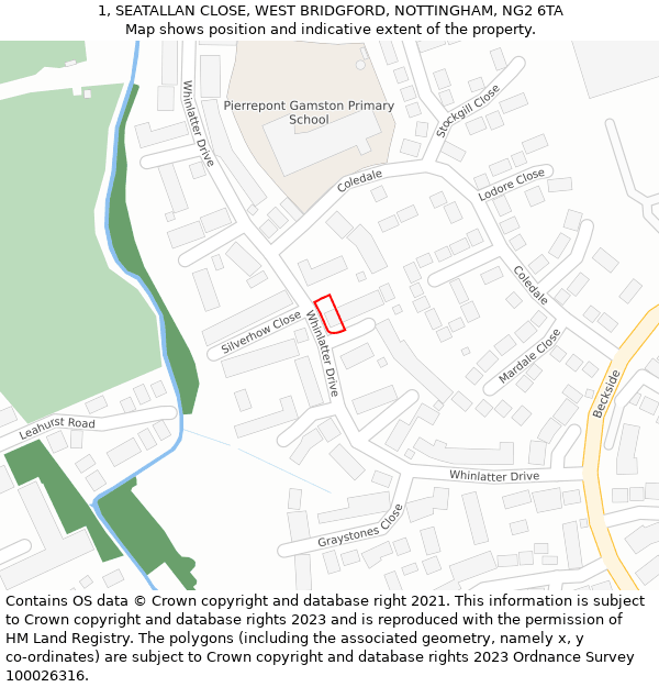 1, SEATALLAN CLOSE, WEST BRIDGFORD, NOTTINGHAM, NG2 6TA: Location map and indicative extent of plot