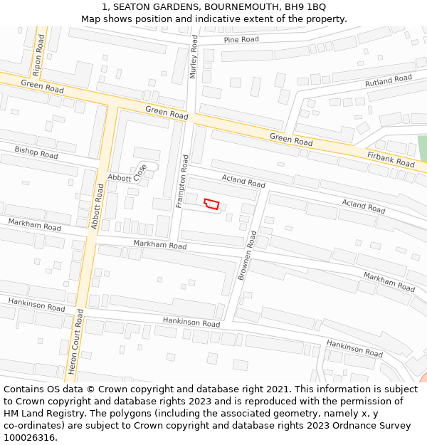 1, SEATON GARDENS, BOURNEMOUTH, BH9 1BQ: Location map and indicative extent of plot