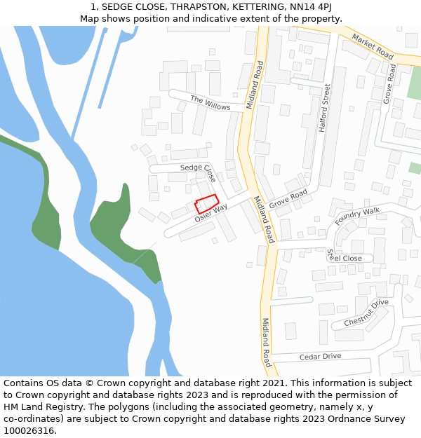 1, SEDGE CLOSE, THRAPSTON, KETTERING, NN14 4PJ: Location map and indicative extent of plot