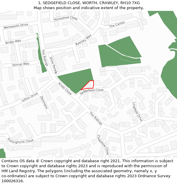 1, SEDGEFIELD CLOSE, WORTH, CRAWLEY, RH10 7XG: Location map and indicative extent of plot