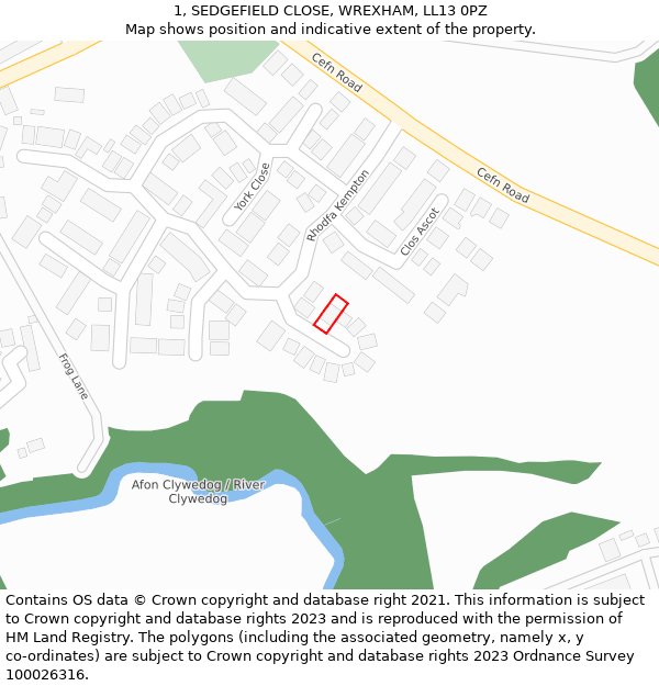 1, SEDGEFIELD CLOSE, WREXHAM, LL13 0PZ: Location map and indicative extent of plot