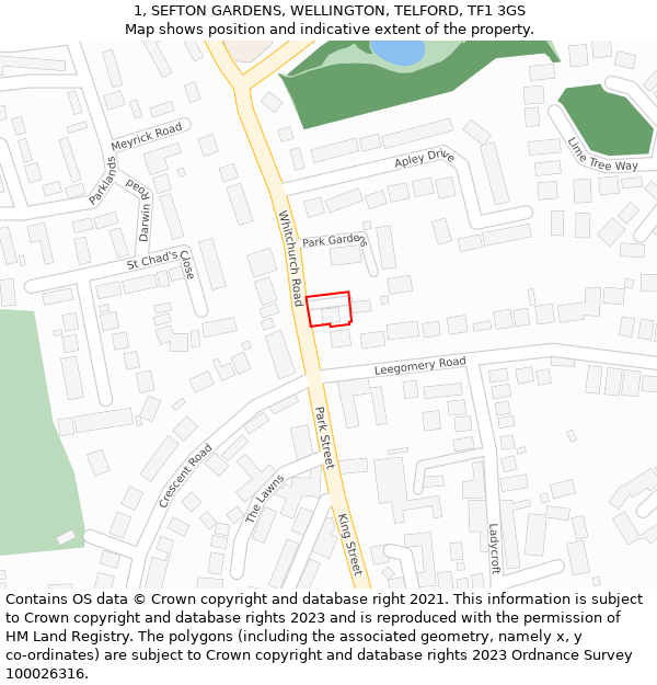 1, SEFTON GARDENS, WELLINGTON, TELFORD, TF1 3GS: Location map and indicative extent of plot