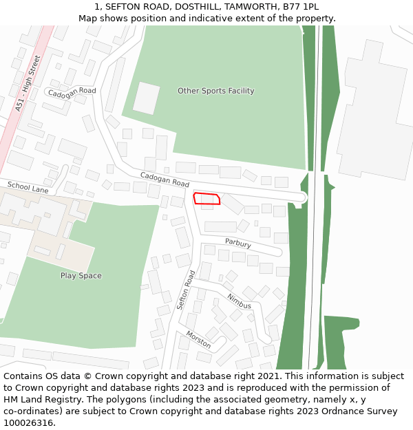 1, SEFTON ROAD, DOSTHILL, TAMWORTH, B77 1PL: Location map and indicative extent of plot