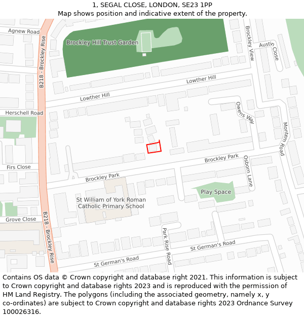 1, SEGAL CLOSE, LONDON, SE23 1PP: Location map and indicative extent of plot