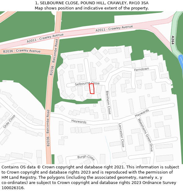 1, SELBOURNE CLOSE, POUND HILL, CRAWLEY, RH10 3SA: Location map and indicative extent of plot