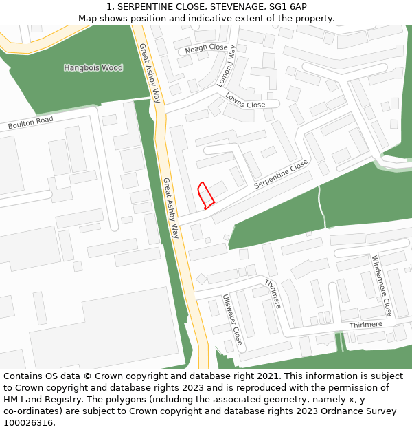 1, SERPENTINE CLOSE, STEVENAGE, SG1 6AP: Location map and indicative extent of plot