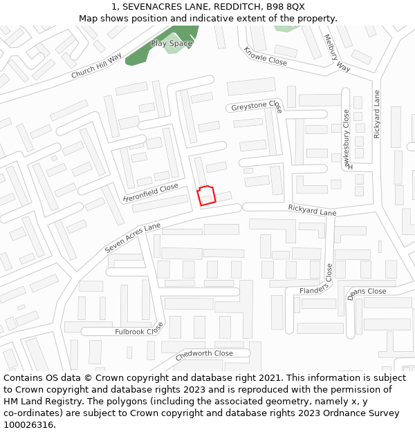 1, SEVENACRES LANE, REDDITCH, B98 8QX: Location map and indicative extent of plot