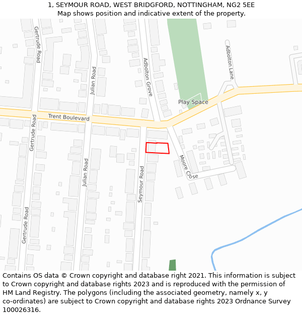 1, SEYMOUR ROAD, WEST BRIDGFORD, NOTTINGHAM, NG2 5EE: Location map and indicative extent of plot