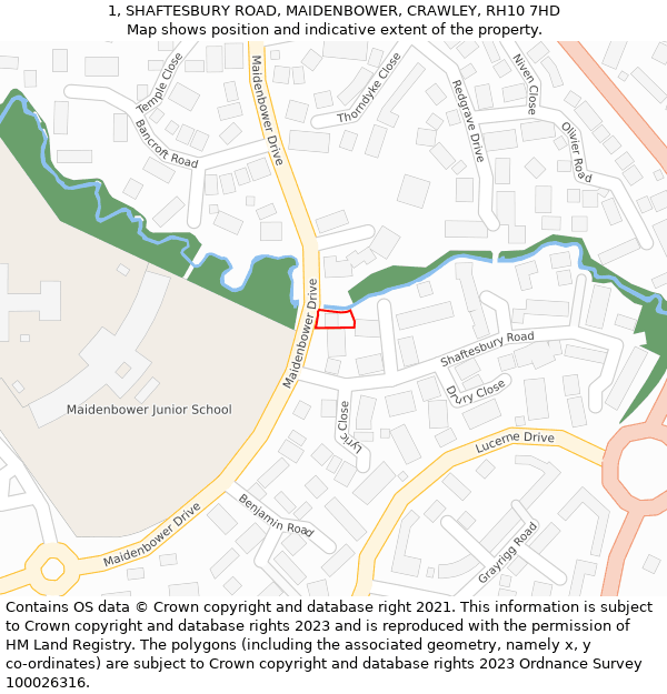 1, SHAFTESBURY ROAD, MAIDENBOWER, CRAWLEY, RH10 7HD: Location map and indicative extent of plot