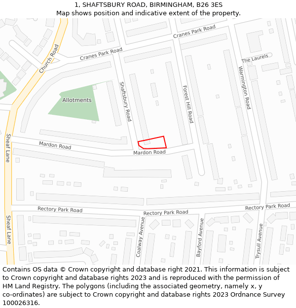 1, SHAFTSBURY ROAD, BIRMINGHAM, B26 3ES: Location map and indicative extent of plot