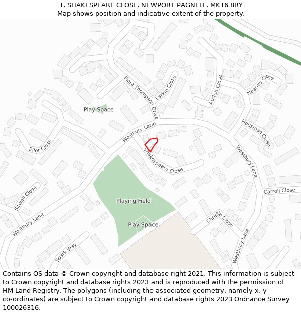 1, SHAKESPEARE CLOSE, NEWPORT PAGNELL, MK16 8RY: Location map and indicative extent of plot