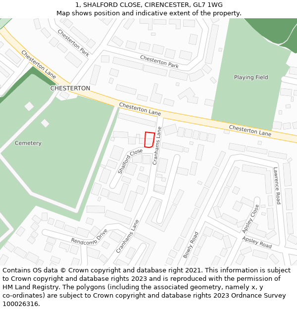 1, SHALFORD CLOSE, CIRENCESTER, GL7 1WG: Location map and indicative extent of plot