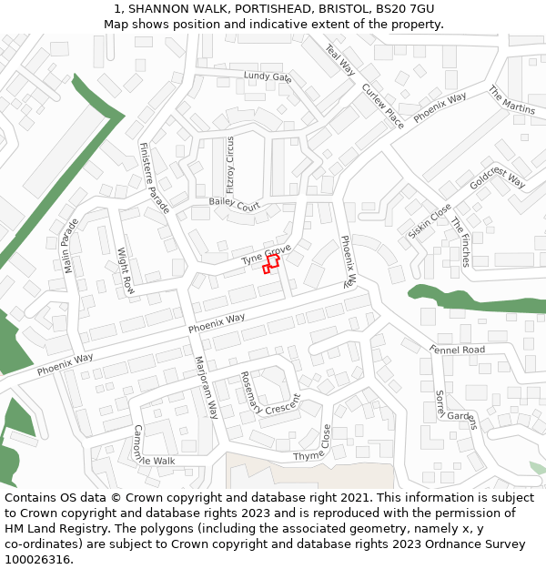 1, SHANNON WALK, PORTISHEAD, BRISTOL, BS20 7GU: Location map and indicative extent of plot