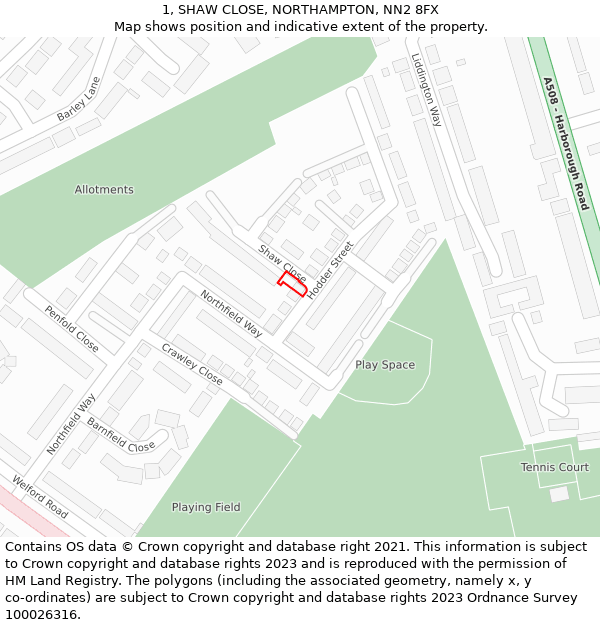 1, SHAW CLOSE, NORTHAMPTON, NN2 8FX: Location map and indicative extent of plot
