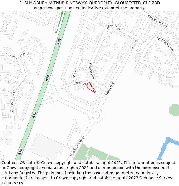 1, SHAWBURY AVENUE KINGSWAY, QUEDGELEY, GLOUCESTER, GL2 2BD: Location map and indicative extent of plot