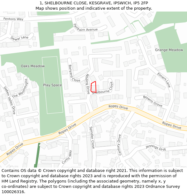 1, SHELBOURNE CLOSE, KESGRAVE, IPSWICH, IP5 2FP: Location map and indicative extent of plot