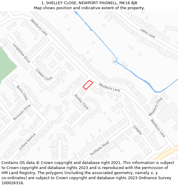 1, SHELLEY CLOSE, NEWPORT PAGNELL, MK16 8JB: Location map and indicative extent of plot