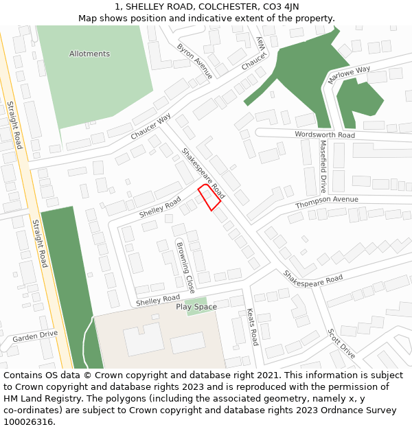 1, SHELLEY ROAD, COLCHESTER, CO3 4JN: Location map and indicative extent of plot