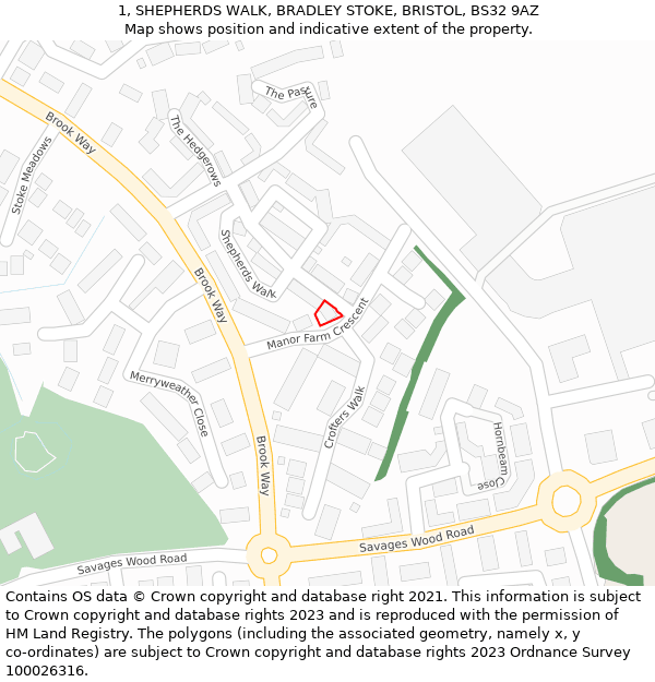 1, SHEPHERDS WALK, BRADLEY STOKE, BRISTOL, BS32 9AZ: Location map and indicative extent of plot