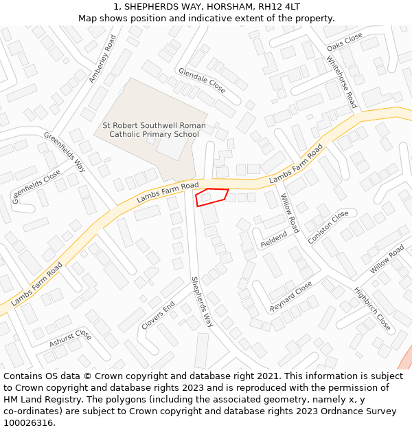 1, SHEPHERDS WAY, HORSHAM, RH12 4LT: Location map and indicative extent of plot