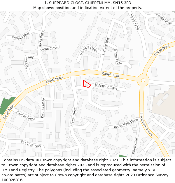 1, SHEPPARD CLOSE, CHIPPENHAM, SN15 3FD: Location map and indicative extent of plot