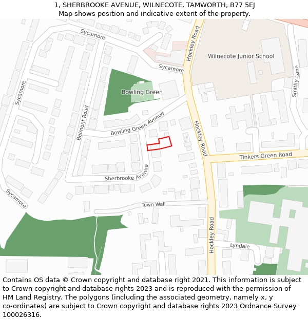 1, SHERBROOKE AVENUE, WILNECOTE, TAMWORTH, B77 5EJ: Location map and indicative extent of plot