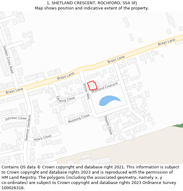 1, SHETLAND CRESCENT, ROCHFORD, SS4 3FJ: Location map and indicative extent of plot