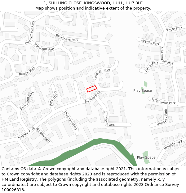 1, SHILLING CLOSE, KINGSWOOD, HULL, HU7 3LE: Location map and indicative extent of plot