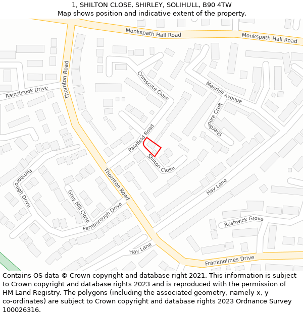 1, SHILTON CLOSE, SHIRLEY, SOLIHULL, B90 4TW: Location map and indicative extent of plot