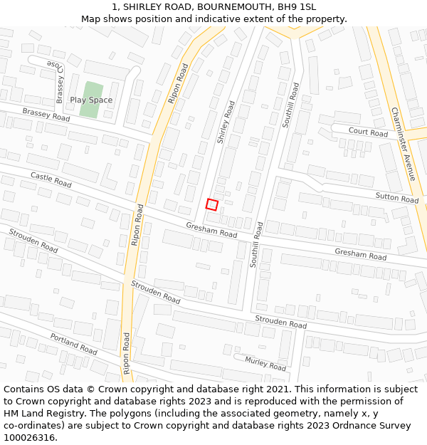 1, SHIRLEY ROAD, BOURNEMOUTH, BH9 1SL: Location map and indicative extent of plot