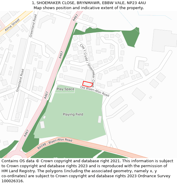 1, SHOEMAKER CLOSE, BRYNMAWR, EBBW VALE, NP23 4AU: Location map and indicative extent of plot