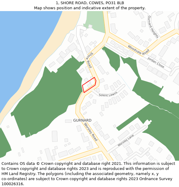 1, SHORE ROAD, COWES, PO31 8LB: Location map and indicative extent of plot