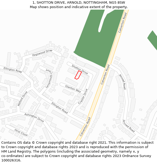1, SHOTTON DRIVE, ARNOLD, NOTTINGHAM, NG5 8SW: Location map and indicative extent of plot