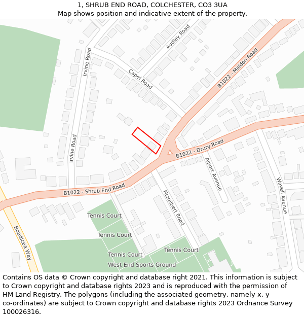 1, SHRUB END ROAD, COLCHESTER, CO3 3UA: Location map and indicative extent of plot
