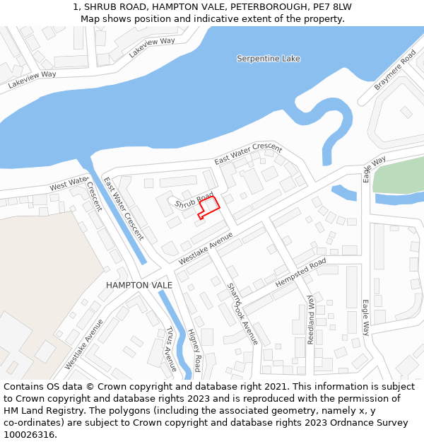 1, SHRUB ROAD, HAMPTON VALE, PETERBOROUGH, PE7 8LW: Location map and indicative extent of plot