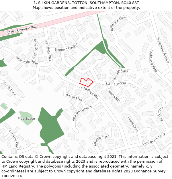 1, SILKIN GARDENS, TOTTON, SOUTHAMPTON, SO40 8ST: Location map and indicative extent of plot