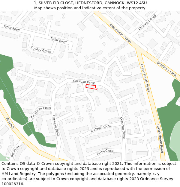 1, SILVER FIR CLOSE, HEDNESFORD, CANNOCK, WS12 4SU: Location map and indicative extent of plot