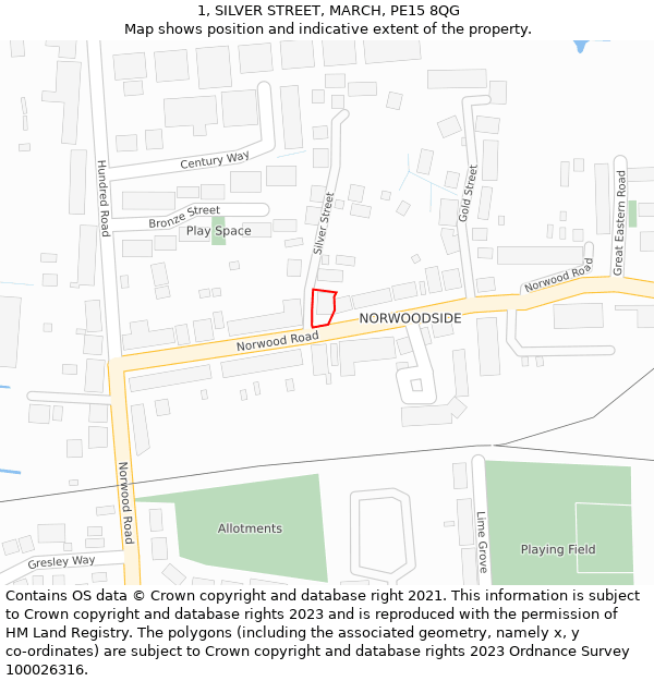 1, SILVER STREET, MARCH, PE15 8QG: Location map and indicative extent of plot