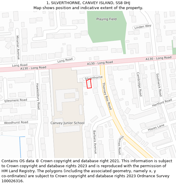 1, SILVERTHORNE, CANVEY ISLAND, SS8 0HJ: Location map and indicative extent of plot