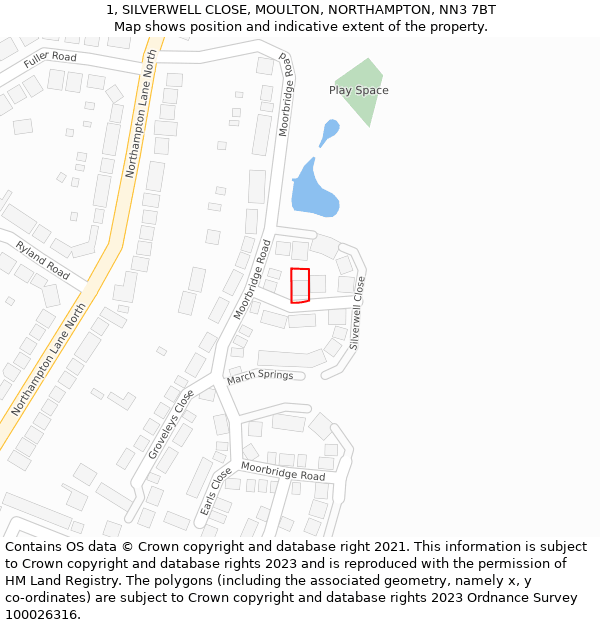 1, SILVERWELL CLOSE, MOULTON, NORTHAMPTON, NN3 7BT: Location map and indicative extent of plot