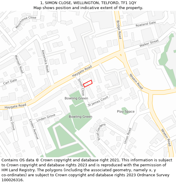 1, SIMON CLOSE, WELLINGTON, TELFORD, TF1 1QY: Location map and indicative extent of plot