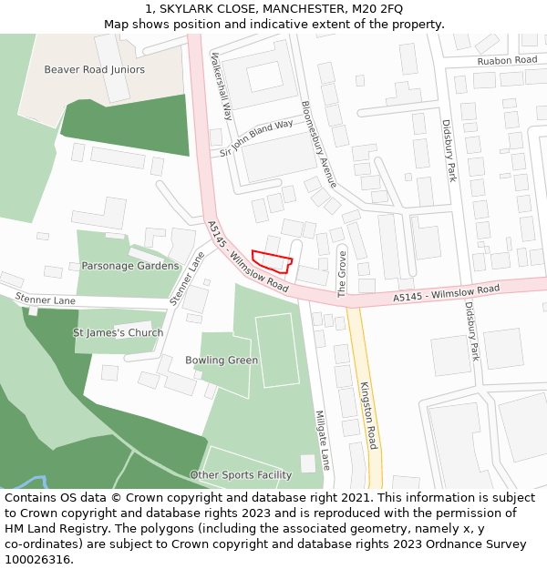 1, SKYLARK CLOSE, MANCHESTER, M20 2FQ: Location map and indicative extent of plot