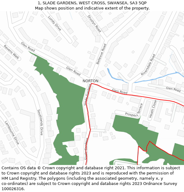 1, SLADE GARDENS, WEST CROSS, SWANSEA, SA3 5QP: Location map and indicative extent of plot