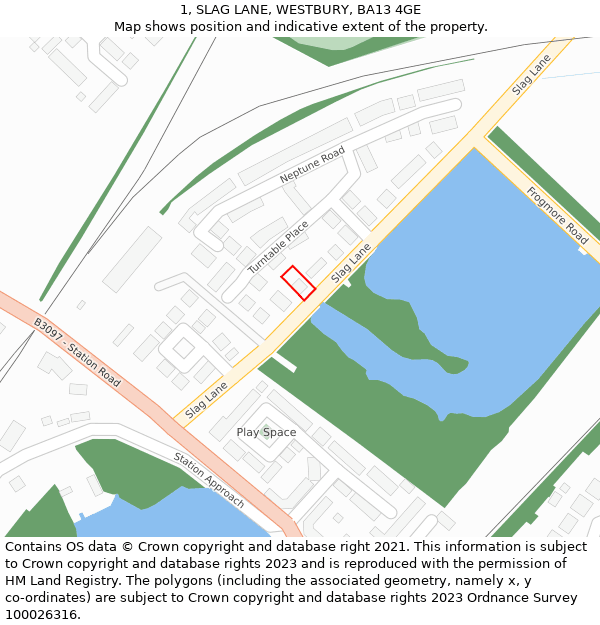 1, SLAG LANE, WESTBURY, BA13 4GE: Location map and indicative extent of plot