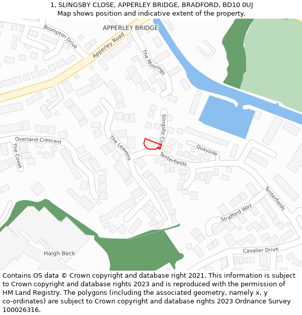 1, SLINGSBY CLOSE, APPERLEY BRIDGE, BRADFORD, BD10 0UJ: Location map and indicative extent of plot